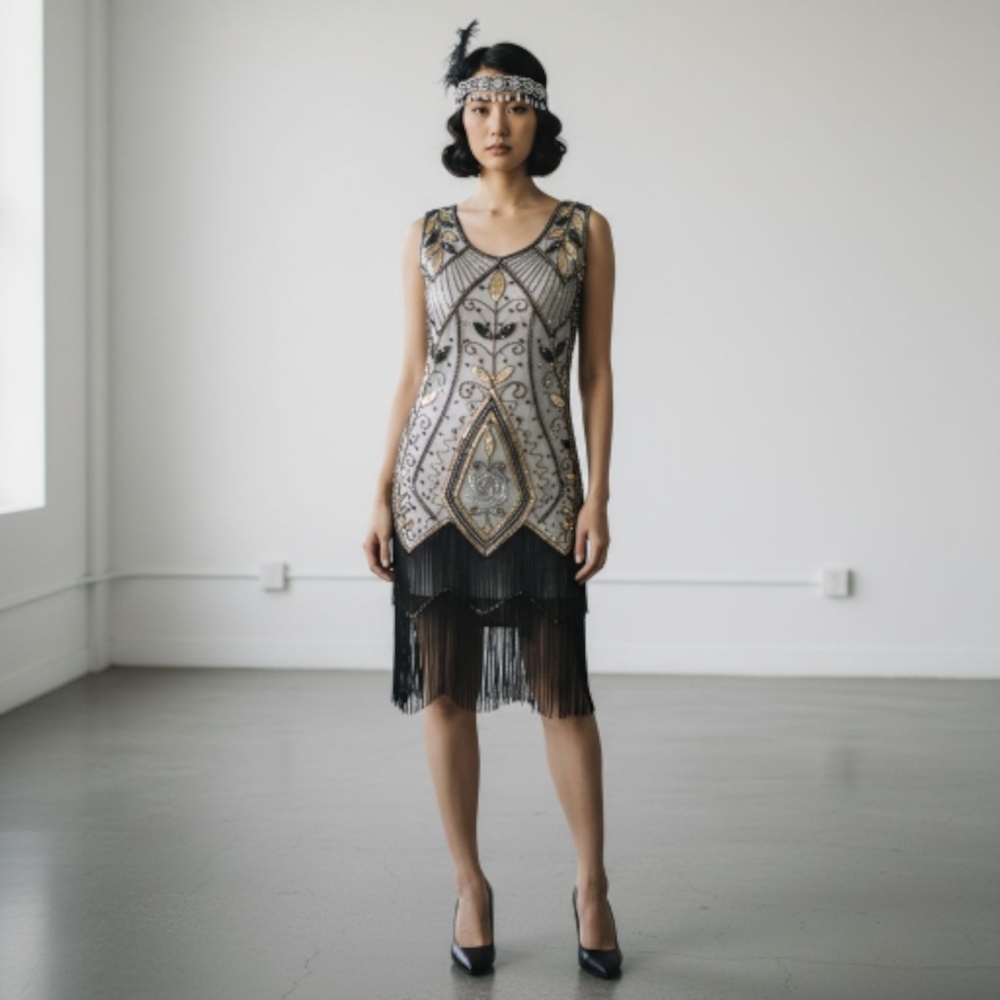 Black White Fringe Beaded Midi Dress Sz S 20s Retro Flapper Art Deco Halloween